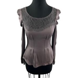 Ace Delivery Purple Top Silk Stretch Lace Scoop Ruffle Long Sleeve Blouse XS?